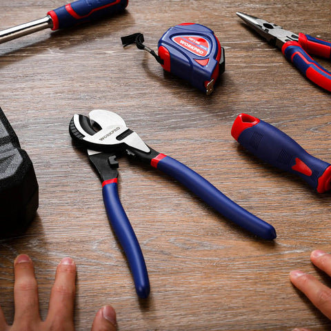 Heavy Hitting High Leverage Cable Cutter Tough As Nails Chrome Vanadium Steel Wire Shear For Electrical And Construction Sites, laid out with other tools.