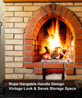 Brick fireplace with fire, displaying 40 Inch Fire Poker For Fire Pit With Twisted Rope Handle Heavy Duty Handmade Steel Campfire Poker.