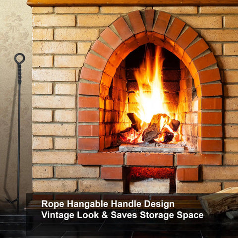 Brick fireplace with fire, displaying 40 Inch Fire Poker For Fire Pit With Twisted Rope Handle Heavy Duty Handmade Steel Campfire Poker.