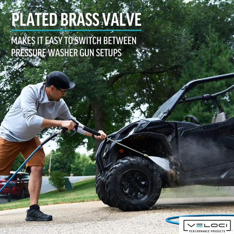 Man using pressure washer on ATV with Italian DN10 Brass Plated Ball Valve For Pressure Washers And Industrial Use.