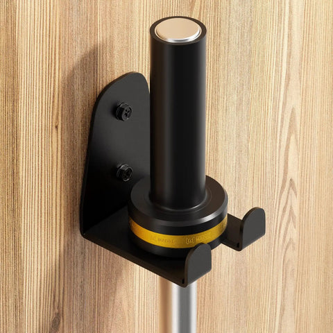 Ultimate Space Saving Barbell Wall Mount Rack For Garage And Home Gym, Vertical Steel Bar Holder with Powder Coat on wooden wall