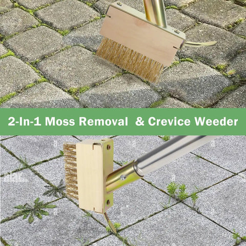 Crack Weeder And Moss Remover Tool With 67 Inch Handle Two Brush Heads For Decks Pavers Patios Walkways And Driveways Manual Weed Puller