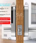 Dimensions and installation details for Fingerprint Smart Door Lock With Handle And Keypad No More Lost Keys Keyless Entry And Remote Access For Home Airbnb And Rentals DIY Install Works With Alexa And Google Assistant.