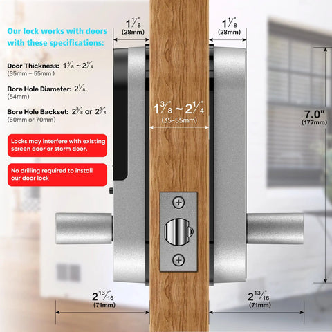 Dimensions and installation details for Fingerprint Smart Door Lock With Handle And Keypad No More Lost Keys Keyless Entry And Remote Access For Home Airbnb And Rentals DIY Install Works With Alexa And Google Assistant.