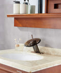 Oil Rubbed Bronze Waterfall Bathroom Sink Faucet With Brass Modern Circle Glass Disk Rinser, shown on marble sink setup