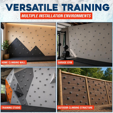 Four climbing walls with 50 Large Screw On Rock Climbing Holds For Adults And Teens Perfect For DIY Indoor Outdoor Climbing Walls Garage Gyms And Backyard Bouldering Grips With Mounting Pattern Made In USA