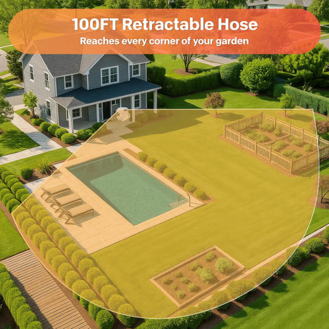Easy Rewind Retractable Garden Hose Reel With Wall Mount covering large backyard area around house