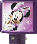 Minnie Mouse Wrap Shade LED Night Light Kid-Friendly Plug-In Wall Night Light With Dusk-To-Dawn Sensor For Kids Bedrooms Nurseries Playrooms Bathrooms Soft Pink Finish featuring Minnie Mouse with a purple bow.