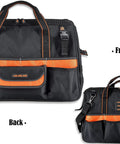 Front and back of 20 Inch Electrician Tool Bag Pro Grade Beast Heavy Duty Tote With 32 Pockets, featuring orange trim details.