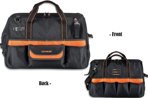 Front and back of 20 Inch Electrician Tool Bag Pro Grade Beast Heavy Duty Tote With 32 Pockets, featuring orange trim details.