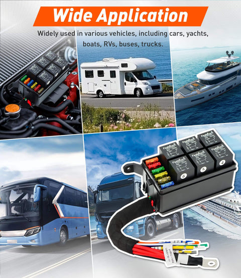 Beefy 6 Way Waterproof Fuse Relay Box With Built In Diodes Pre Wired 12 AWG Harness Includes Relays And Terminals for Cars and Boats