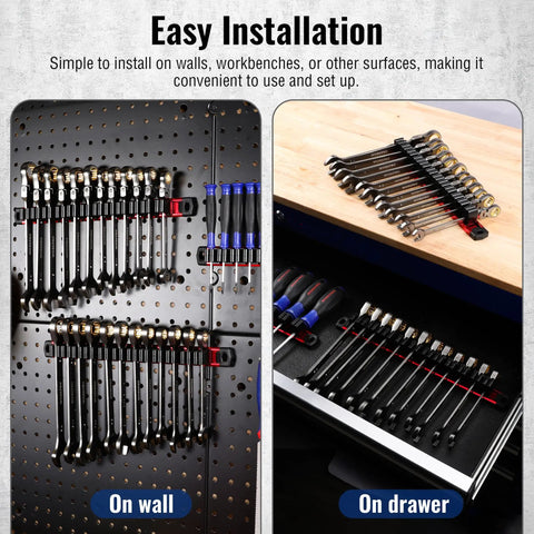 Magnetic Screwdriver And Wrench Organizer With Aluminum Rail, Real Deal Ultra Strong Magnets, Tool Holder installed on wall and drawer