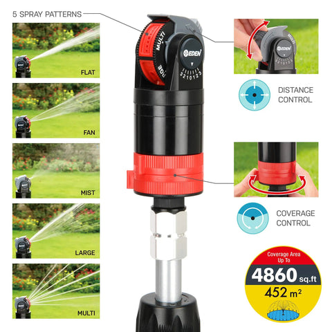 Multi Pattern Sprinkler Plus Misting System With Quiet Turbo Gear Drive And Beefy Heavy Duty Tripod, spray pattern options display