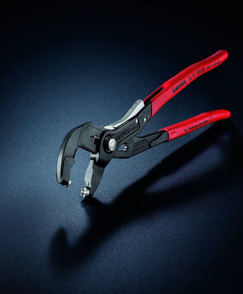 Ten Inch Hose Clamp Pliers With Locking Device And Rotating Jaw Inserts, 19 Adjustable Positions against dark background