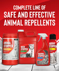 Assorted animal repellent containers including Moose Elk And Deer Repellent Spray For Gardens And Lawns, 30 Day Weatherproof Protection.