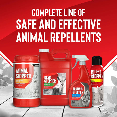 Assorted animal repellent containers including Moose Elk And Deer Repellent Spray For Gardens And Lawns, 30 Day Weatherproof Protection.