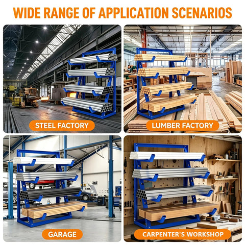 Beefy Heavy Duty Horizontal Lumber Storage Rack 4 Tier Cantilever Shelves Steel Pipe Organizer in various factories and garage.