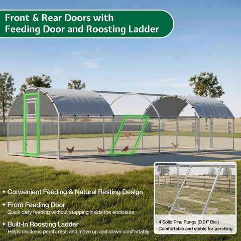 26 By 10 Ft Extra Large Walk In Chicken Coop With Dome Roof Front And Rear Doors Feeding Door Roosting Ladder Outdoor Poultry Cage