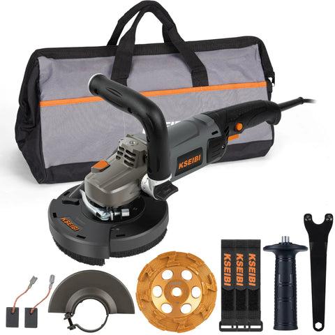 Concrete Angle Grinder 5 Inch With 11.5 Amp 1400W Motor, diamond cup wheel, safety guard, handles, and carry bag displayed.