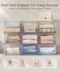Real Slick Clear Stackable Closet Storage Drawers 4 Pack Medium Capacity 15 Quart Plastic Organizer Bins Featuring Smooth Glide Mechanism stacked with clothing.