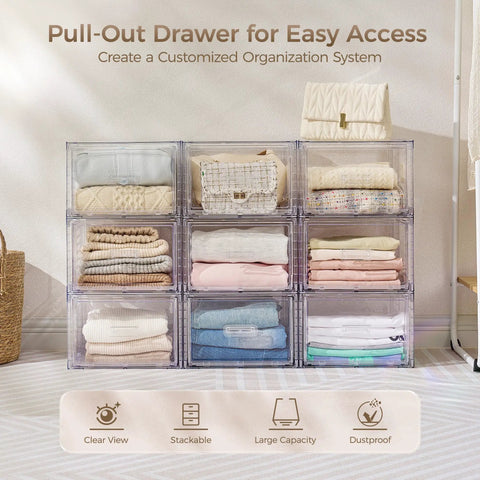 Real Slick Clear Stackable Closet Storage Drawers 4 Pack Medium Capacity 15 Quart Plastic Organizer Bins Featuring Smooth Glide Mechanism stacked with clothing.