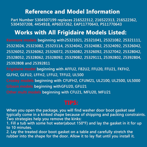 Product information and instructions for White Freezer Door Seal Gasket For Refrigerator Replacement 65.8 Inch By 31.5 Inch Easy Install Energy Efficient Tight Seal Replaces 5304507208 216522312 216522313 216522362 4454918 PS11770643