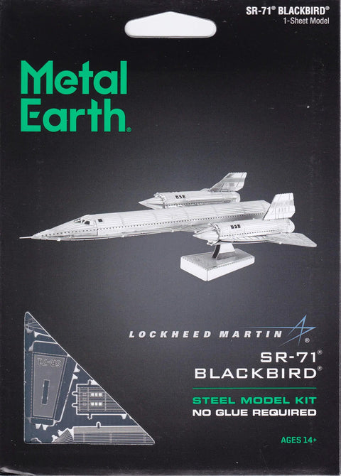SR-71 Blackbird 3D Metal Model Kit for Easy Assembly, no glue needed, features aircraft on display stand with packaging.