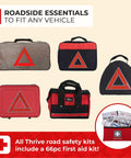 Five vehicle emergency kits with red triangle symbols, including 66-piece first aid kit, in various bag designs.