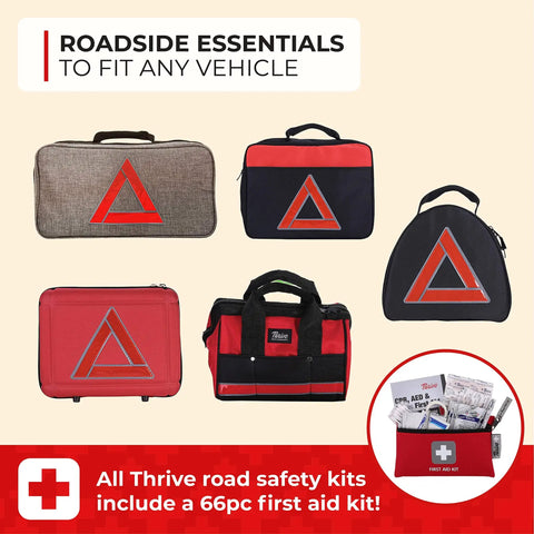 Five vehicle emergency kits with red triangle symbols, including 66-piece first aid kit, in various bag designs.
