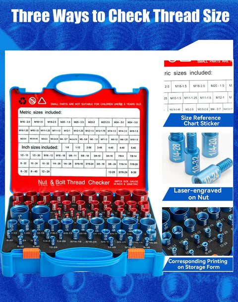 Open 66 Piece Nut And Bolt Thread Checker With Detachable Size Finder In A Foam Storage Case, 34 Metric And 32 Standard Gauges.