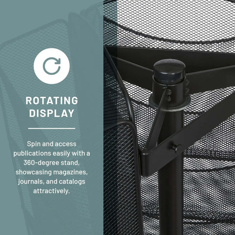Close-up of Onyx Rotating Mesh Magazine Holder With 30 Pockets Display Rack, featuring 360-degree spin and mesh detail.