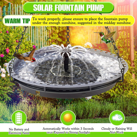 Solar Powered Bird Bath Fountain Kit For Outdoor Hanging Use With 4 Water Pattern Sprays Hummingbird Pump No Fuss Setup