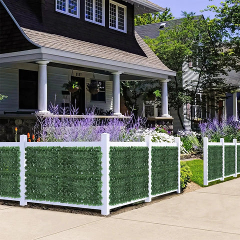 Dense Leaf Ivy Privacy Fence Screen 120x40 Inches No Gap Faux Ivy Wall Panel installed on a garden patio fence