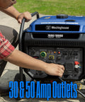 10000 Peak Watt Portable Gas Generator With Remote Electric Start And Transfer Switch Ready Build For No Sweat Camping And Reliable Home Emergency Backup Power Featuring 12 Hour Run Time with 30 and 50 amp outlets.
