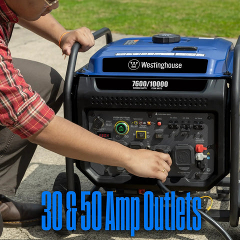 10000 Peak Watt Portable Gas Generator With Remote Electric Start And Transfer Switch Ready Build For No Sweat Camping And Reliable Home Emergency Backup Power Featuring 12 Hour Run Time with 30 and 50 amp outlets.