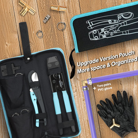 Shall Pex crimping clamp cinch tool and pipe hose cutter kit with 3/8-1 in stainless clamps, 20x1/2 in and 10x3/4 in clamps, storage pouch