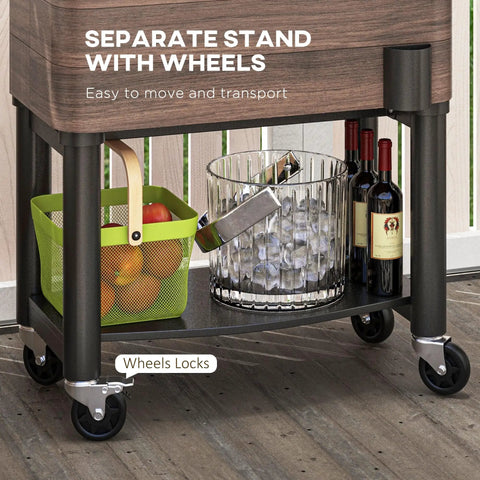 Close-up of rolling outdoor cooler cart with locking wheels, sturdy steel frame, holding bottles and ice bucket on patio.