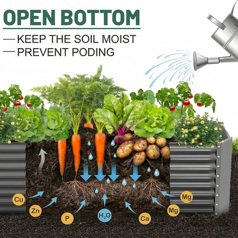Cross-section of 2 Pack 6x3x2 Ft Galvanized Metal Raised Garden Beds For Veggies And Flowers showing plant roots and soil nutrients