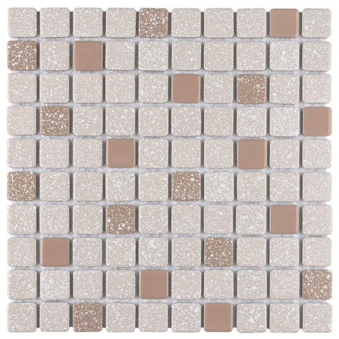 Beige Porcelain Tile 12x12 Crystalline Square Mosaic For Floor And Wall Mesh Mounted Glazed With Mixed Texture And Subtle Color Variation