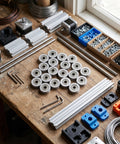V Groove Bearing Pulleys 3x12x4mm For Rail Track Linear Motion System on workbench with tools and components