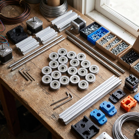 V Groove Bearing Pulleys 3x12x4mm For Rail Track Linear Motion System on workbench with tools and components