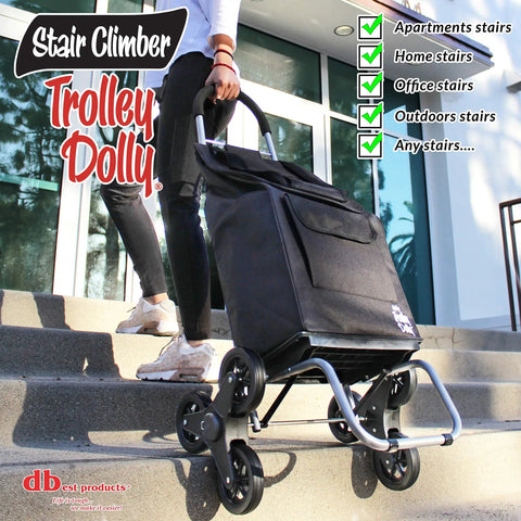 Person using a black Stair Climber Trolley Dolly Cart With 6 Wheel Design on outdoor stairs, showing easy glide feature.