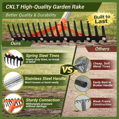 Infographic comparing heavy duty garden rake with 17 tempered spring steel tines and 62 inch stainless steel adjustable handle.