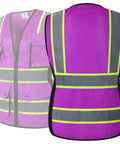 Nine Pocket Women Hi Vis Reflective Safety Vest With Mesh Neon Purple Fabric Yellow Extended Trim And Reflective Strips ANSI Compliant Large Size Flattering Side Panels For a Sleek Fit front and back view.