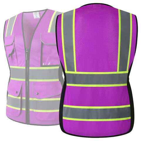 Nine Pocket Women Hi Vis Reflective Safety Vest With Mesh Neon Purple Fabric Yellow Extended Trim And Reflective Strips ANSI Compliant Large Size Flattering Side Panels For a Sleek Fit front and back view.