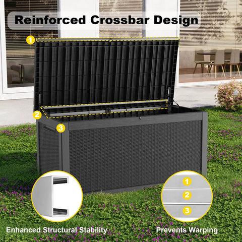 320 Gallon Outdoor Deck Box Waterproof Storage Chest With Lid for Patio and Garden showing reinforced crossbar design