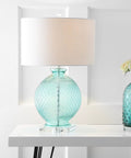 Aqua Diamond Etched Glass And Crystal Table Lamp 26 Inch Tall Coastal Transitional Bedside Light With White Linen Drum Shade LED Bulb Included ETL Listed Energy Saving Modern Home Decor on white table