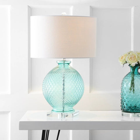 Aqua Diamond Etched Glass And Crystal Table Lamp 26 Inch Tall Coastal Transitional Bedside Light With White Linen Drum Shade LED Bulb Included ETL Listed Energy Saving Modern Home Decor on white table