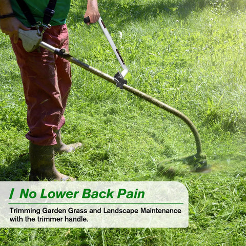 Person using upgraded weedeater handle with ergonomic trimmer grip extension for weed eater keeps you upright and a back saver pain free