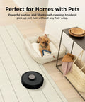 AI Robot Vacuum With XL Self Empty Base Mega Suction For Pet Hair Lidar Navigation Bagless 60 Day Capacity Alexa And WiFi Connected Cleans Carpet And Hard Floors Black in home setting with dog on bed.